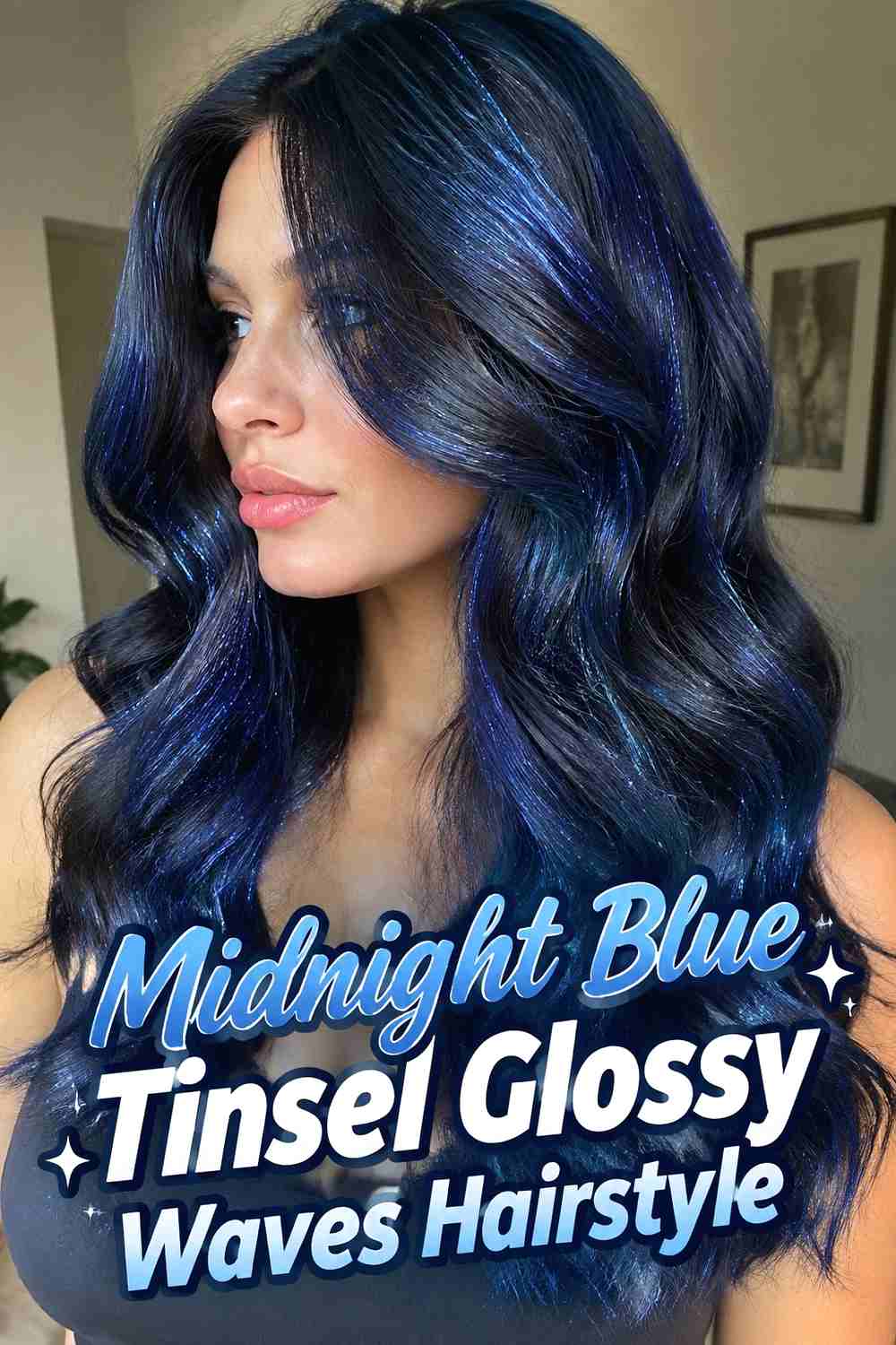 17. Midnight Blue Tinsel Glossy Waves Hairstyle