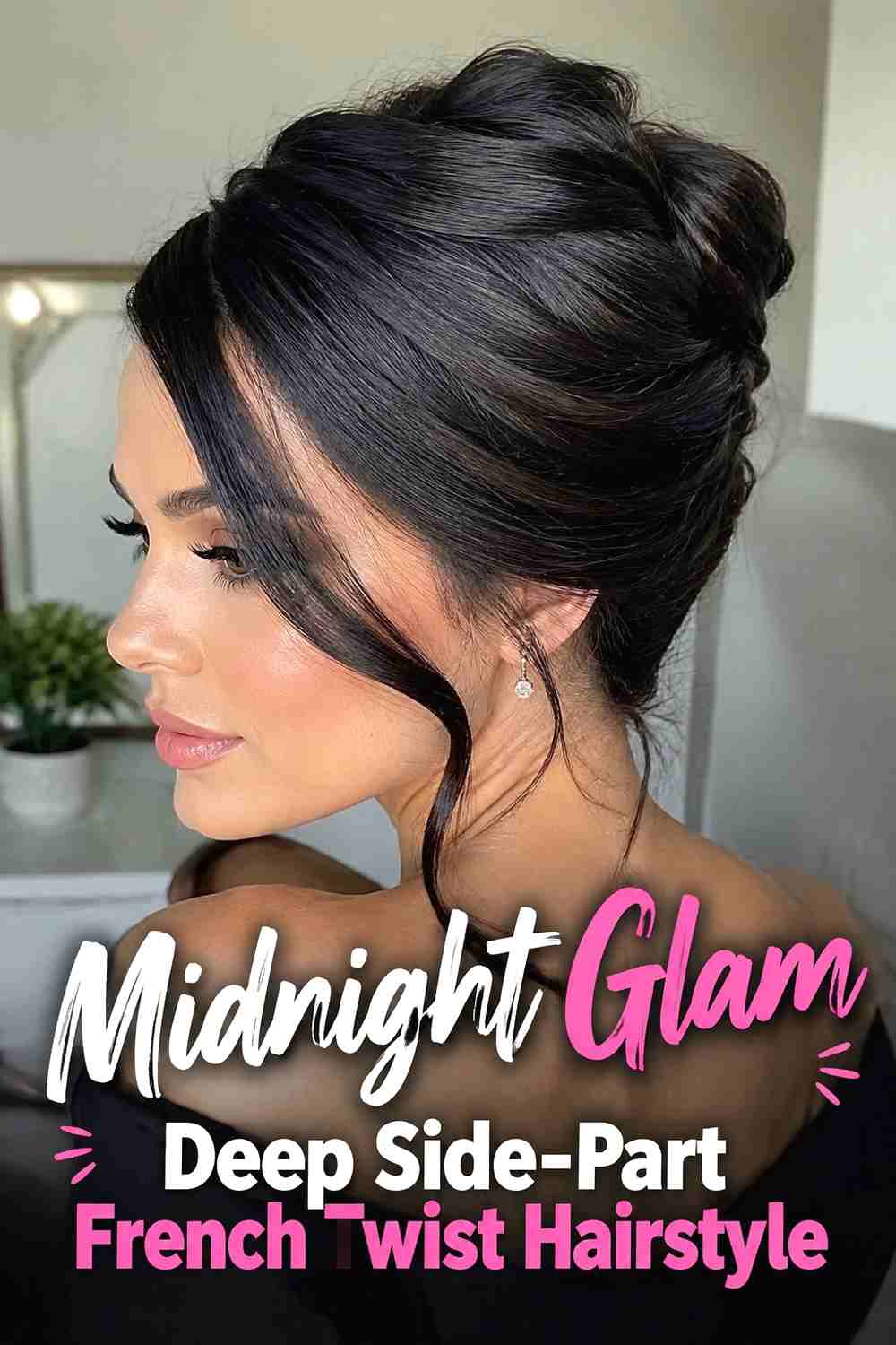 14. Midnight Glam Deep Side Part French Twist Hairstyle