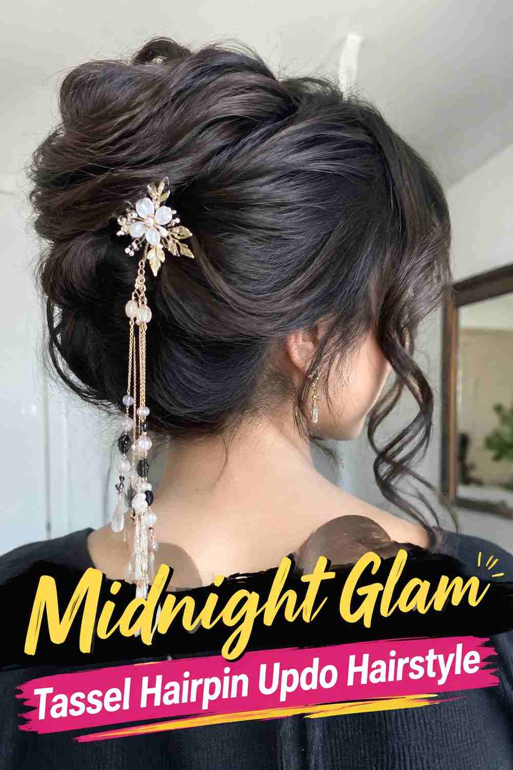 21. Midnight Glam Tassel Hairpin Updo Hairstyle
