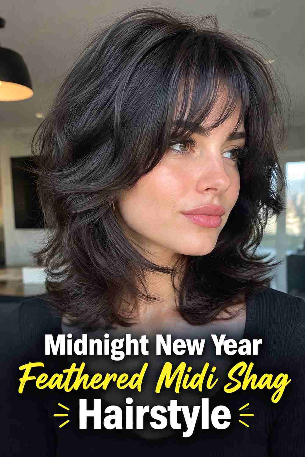 12. Midnight New Year Feathered Midi Shag Hairstyle