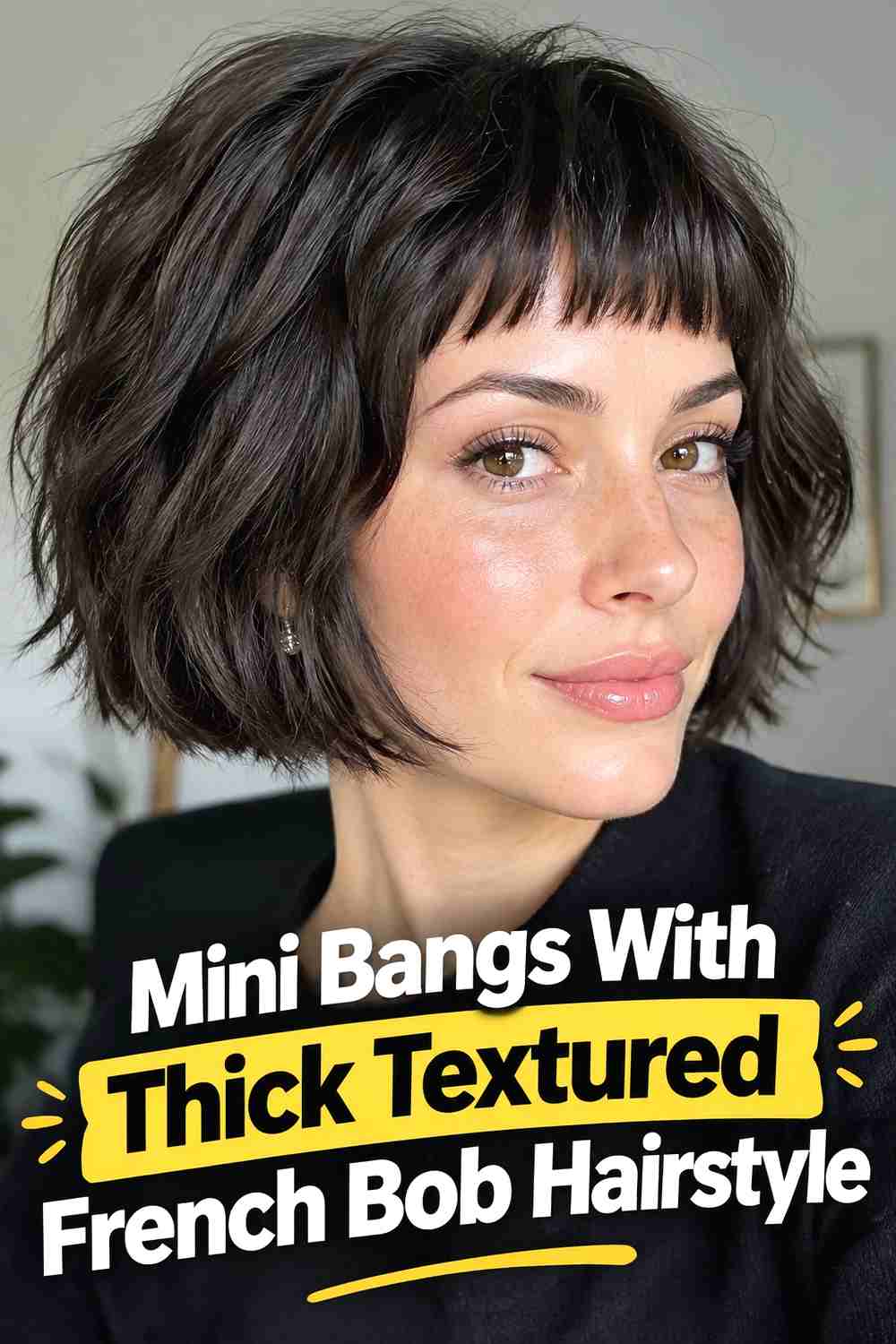 11. Mini Bangs With Thick Textured French Bob Hairstyle