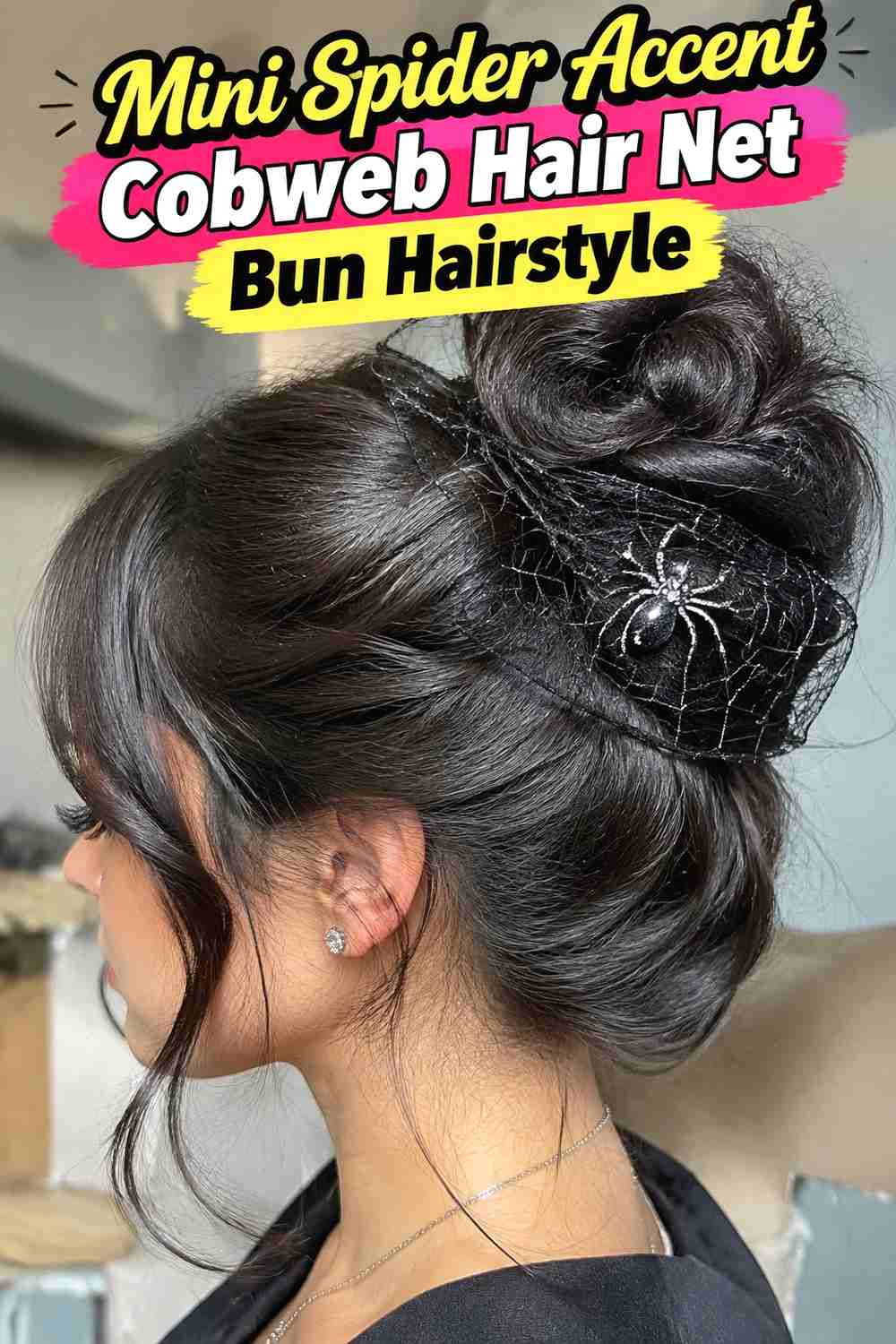 14. Mini Spider Accent Cobweb Hair Net Bun Hairstyle