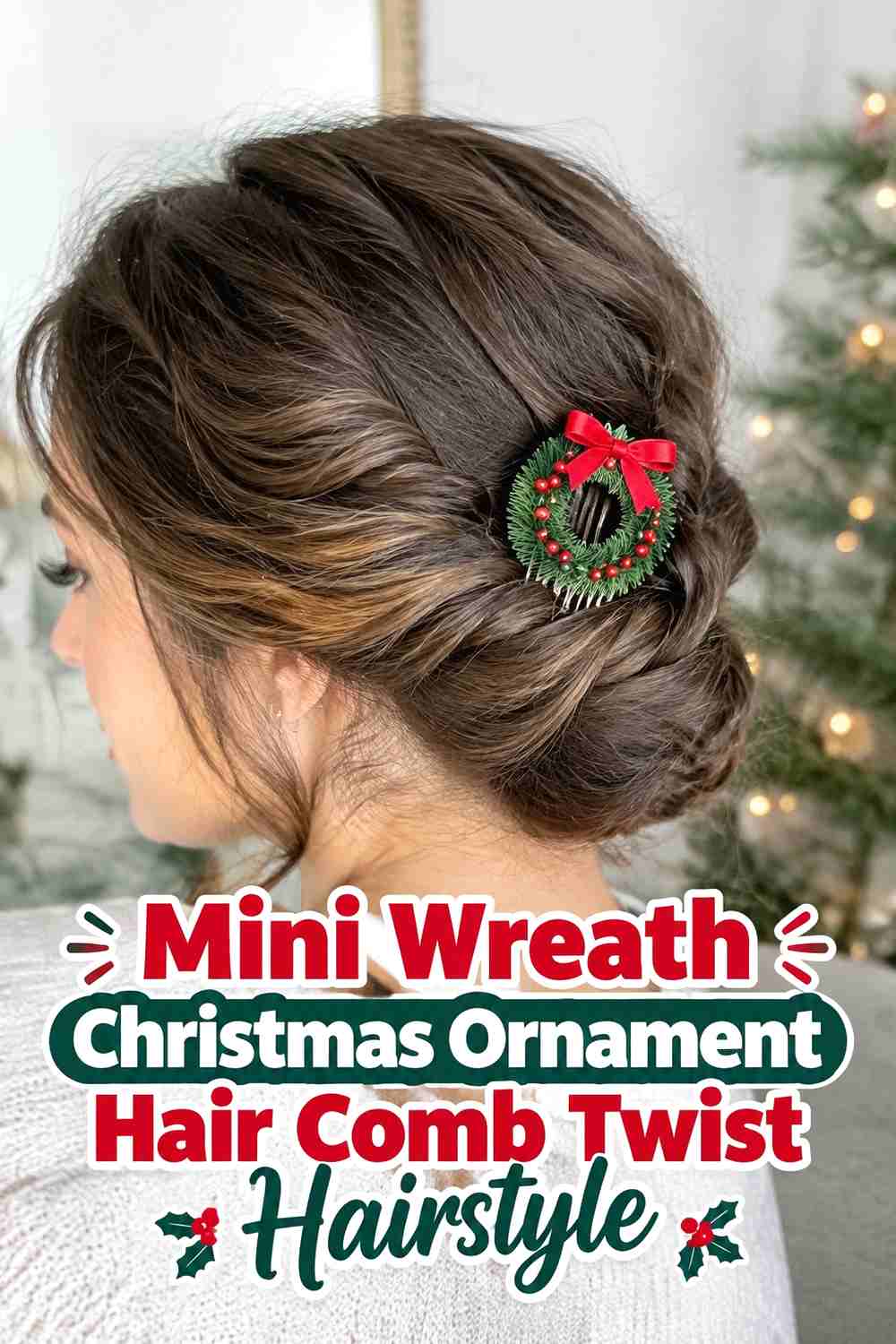 15. Mini Wreath Christmas Ornament Hair Comb Twist Hairstyle