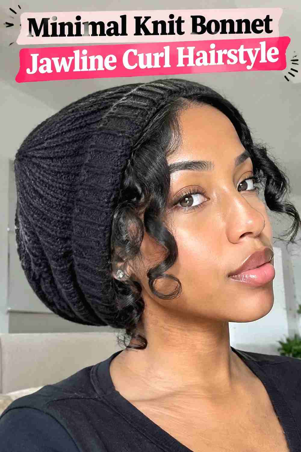13. Minimal Knit Bonnet Jawline Curl Hairstyle