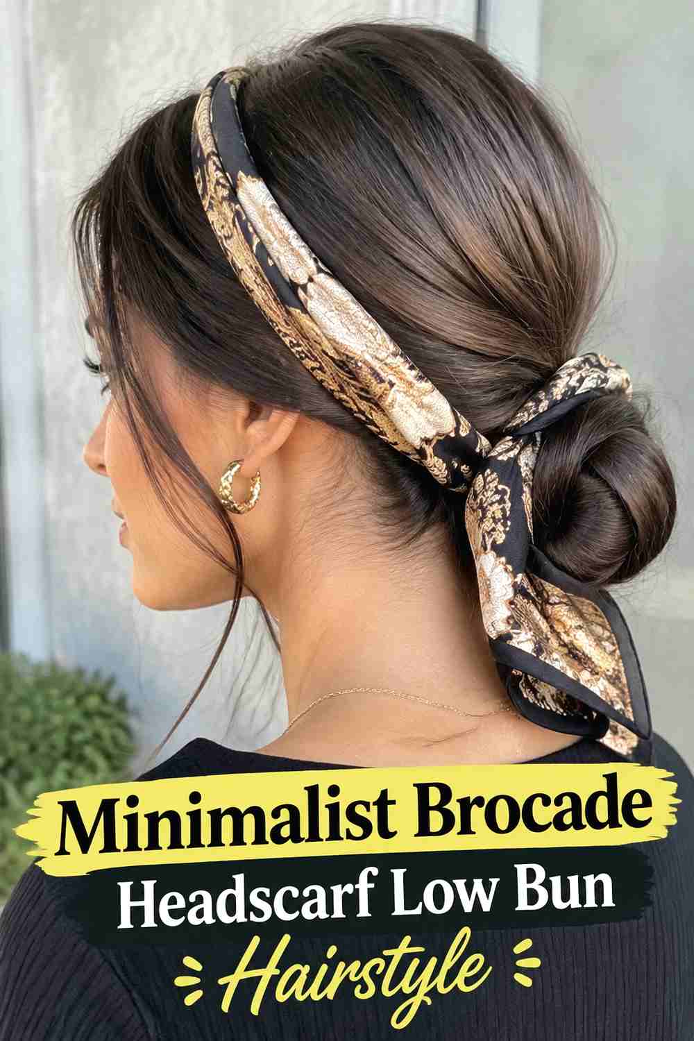 16. Minimalist Brocade Headscarf Low Bun Hairstyle