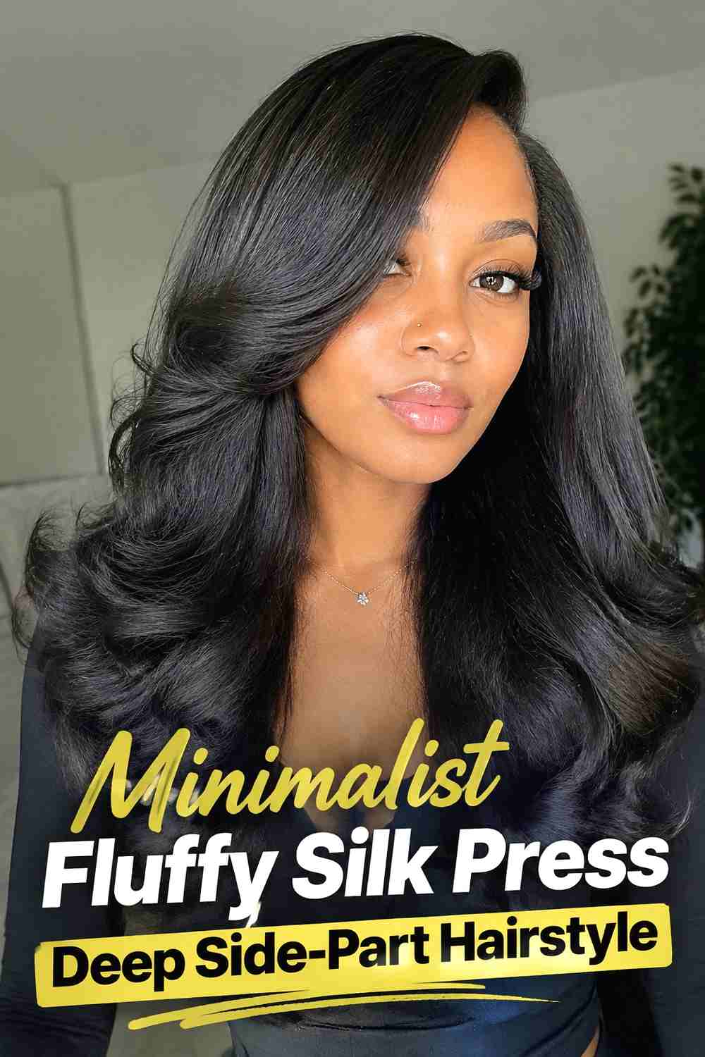 20. Minimalist Fluffy Silk Press Deep Side Part Hairstyle