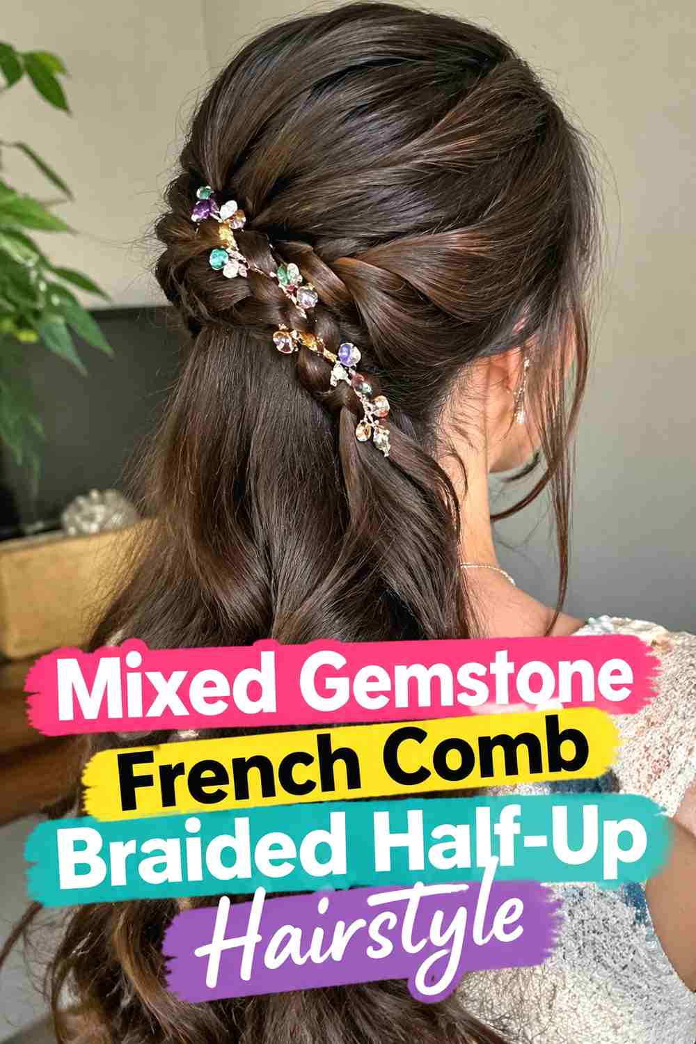 13. Mixed Gemstone French Comb Braided Half Up Hairstyle