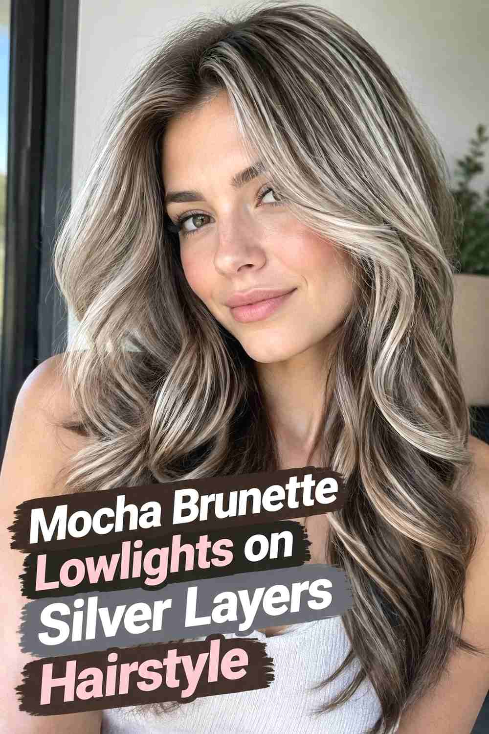 3. Mocha Brunette Lowlights On Silver Layers Hairstyle