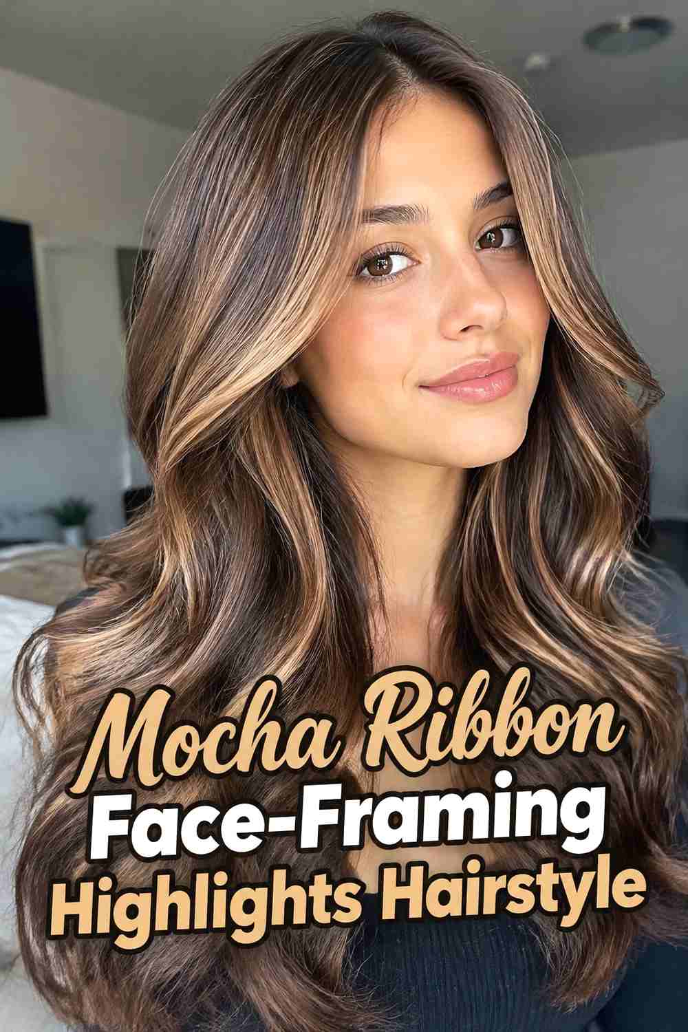 3. Mocha Ribbon Face Framing Highlights Hairstyle
