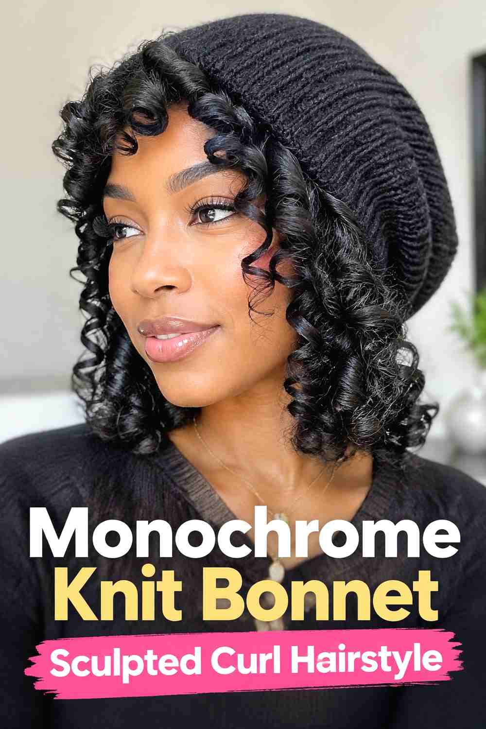 15. Monochrome Knit Bonnet Sculpted Curl Hairstyle