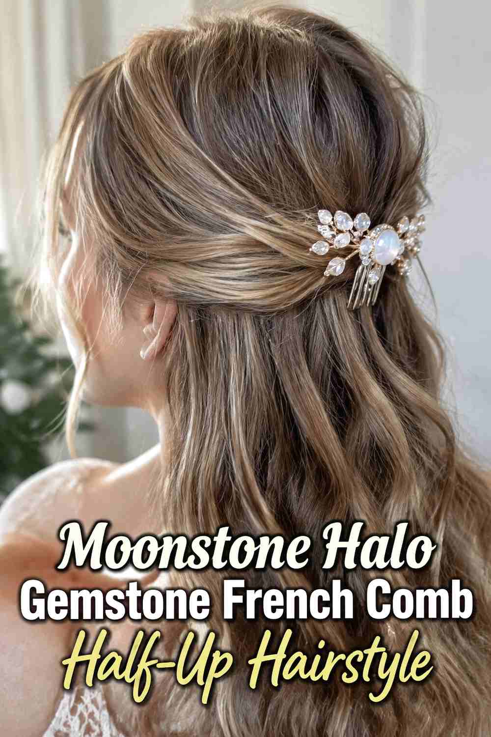 7. Moonstone Halo Gemstone French Comb Half Up Hairstyle