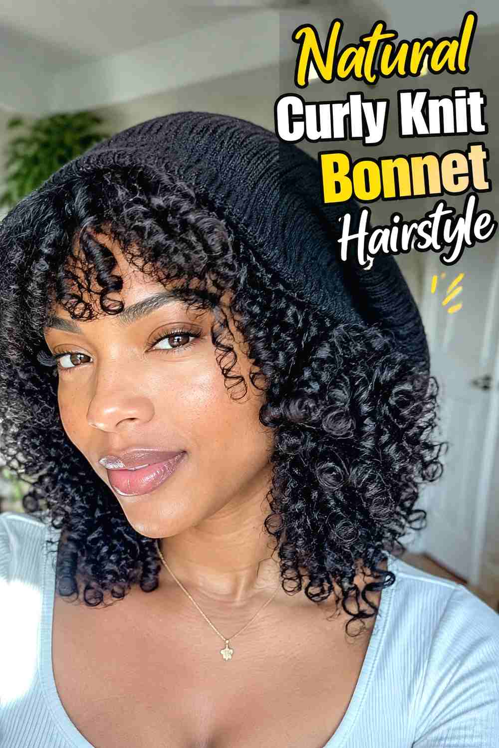 11. Natural Curly Knit Bonnet Hairstyle