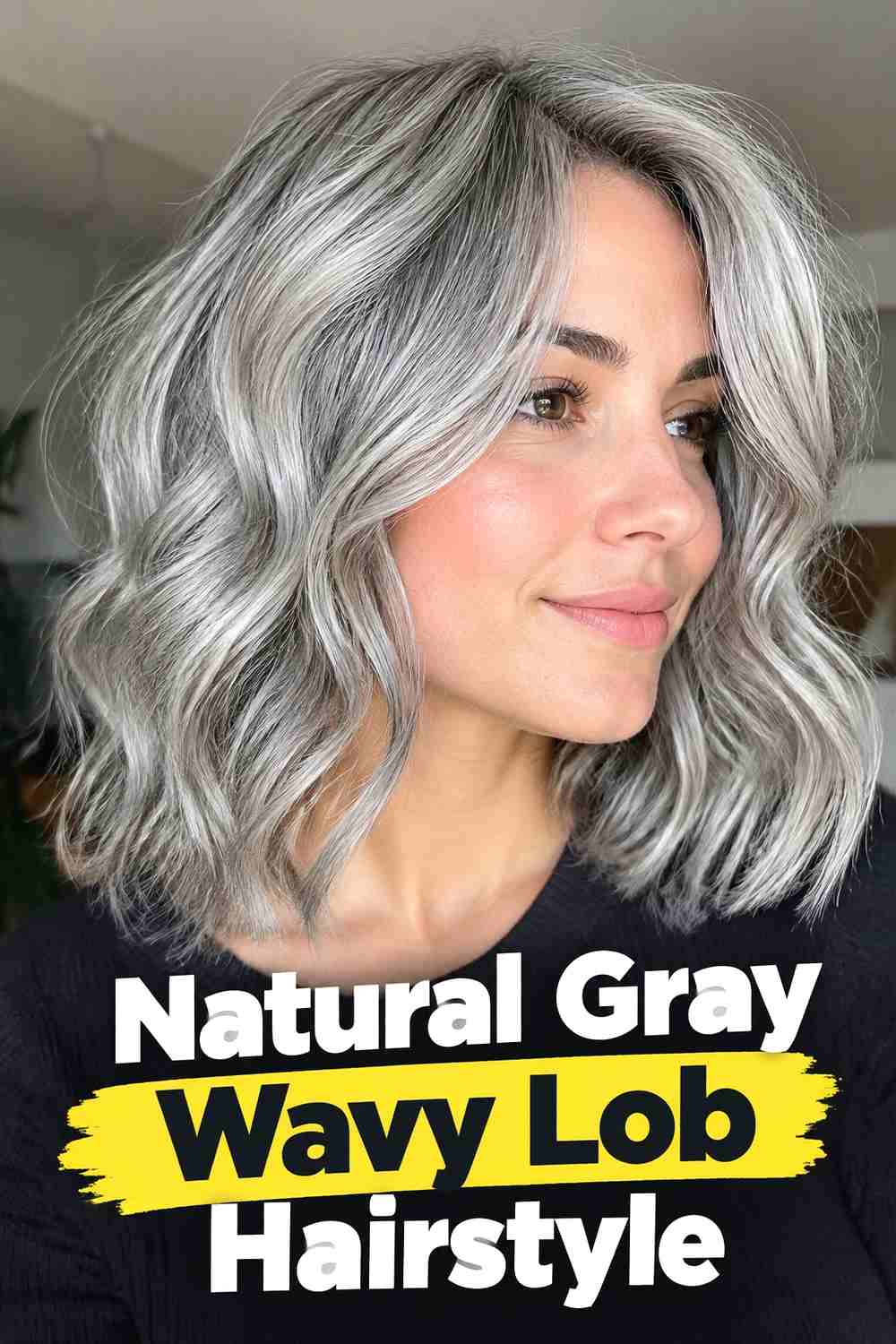 11. Natural Gray Wavy Lob Hairstyle