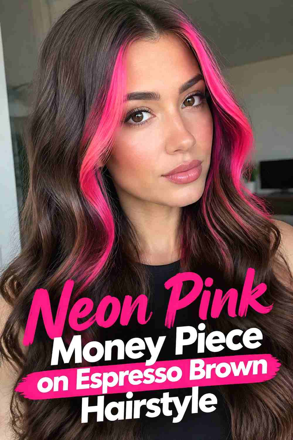 8. Neon Pink Money Piece On Espresso Brown Hairstyle
