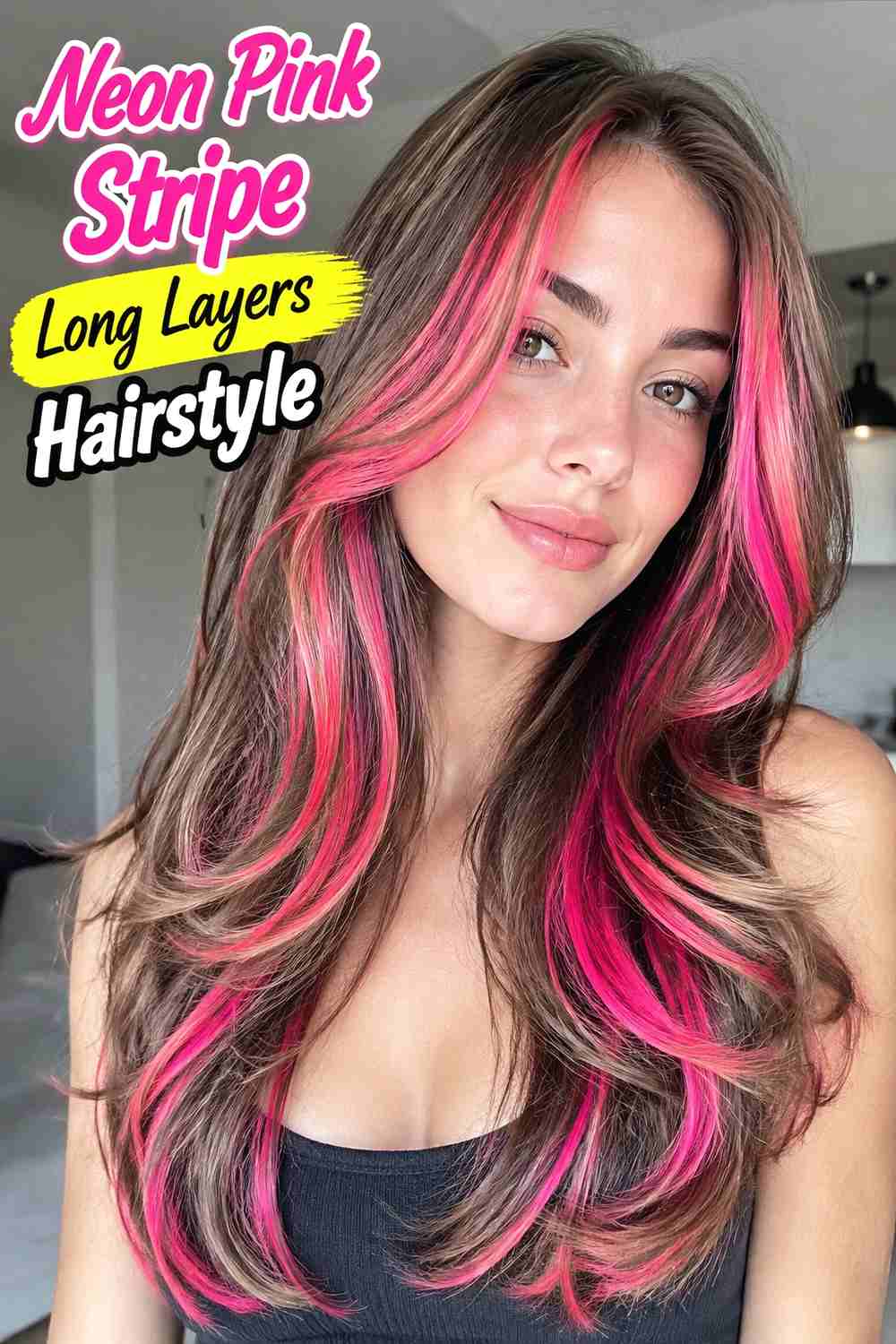 7. Neon Pink Stripe Long Layers Hairstyle