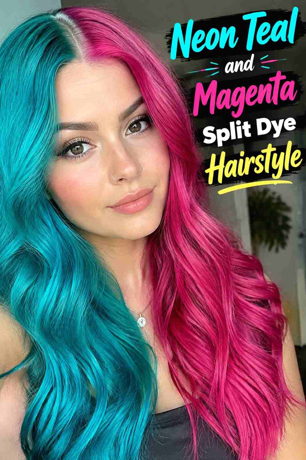 6. Neon Teal And Magenta Split Dye Hairstyle