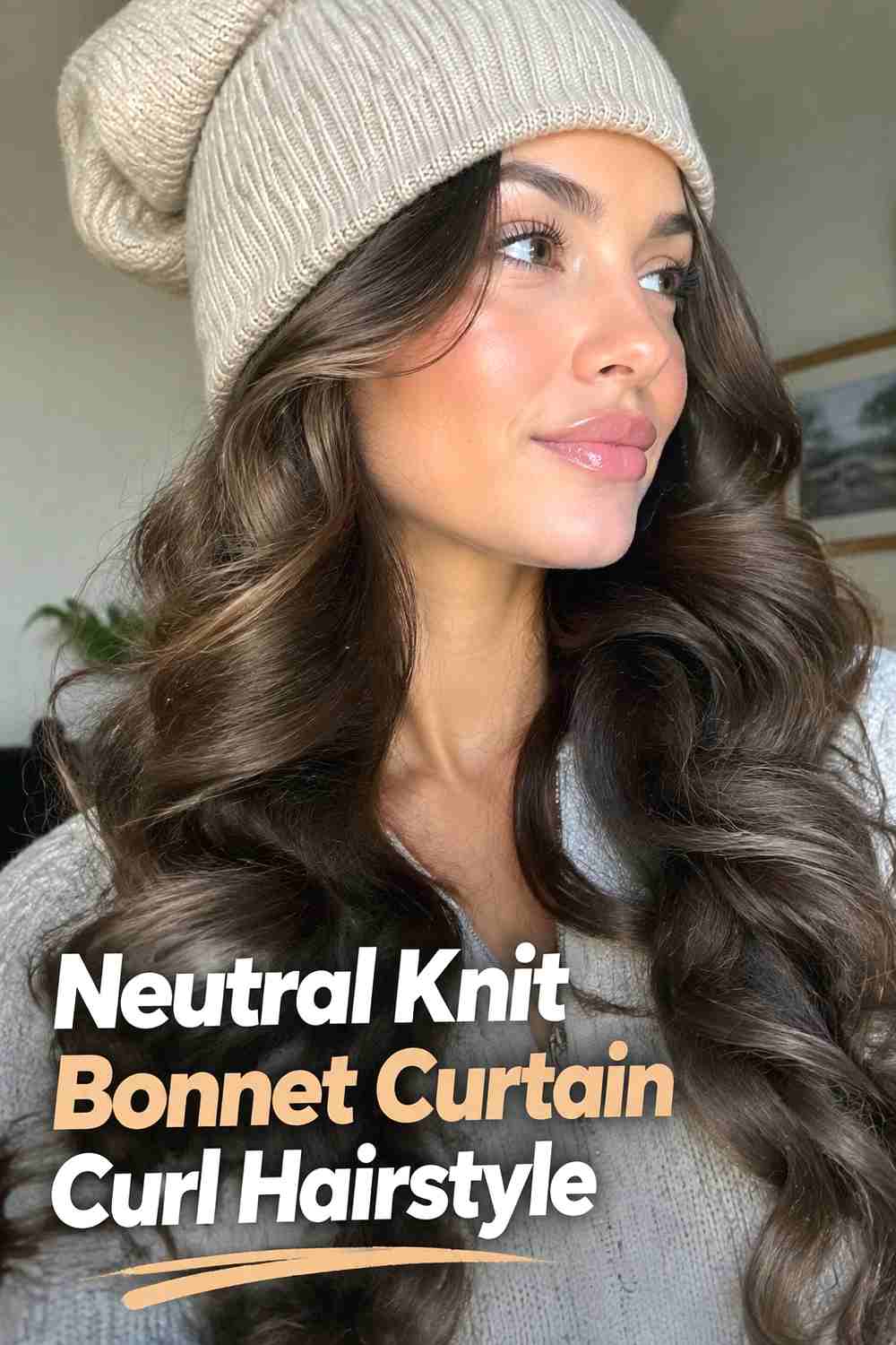 8. Neutral Knit Bonnet Curtain Curl Hairstyle