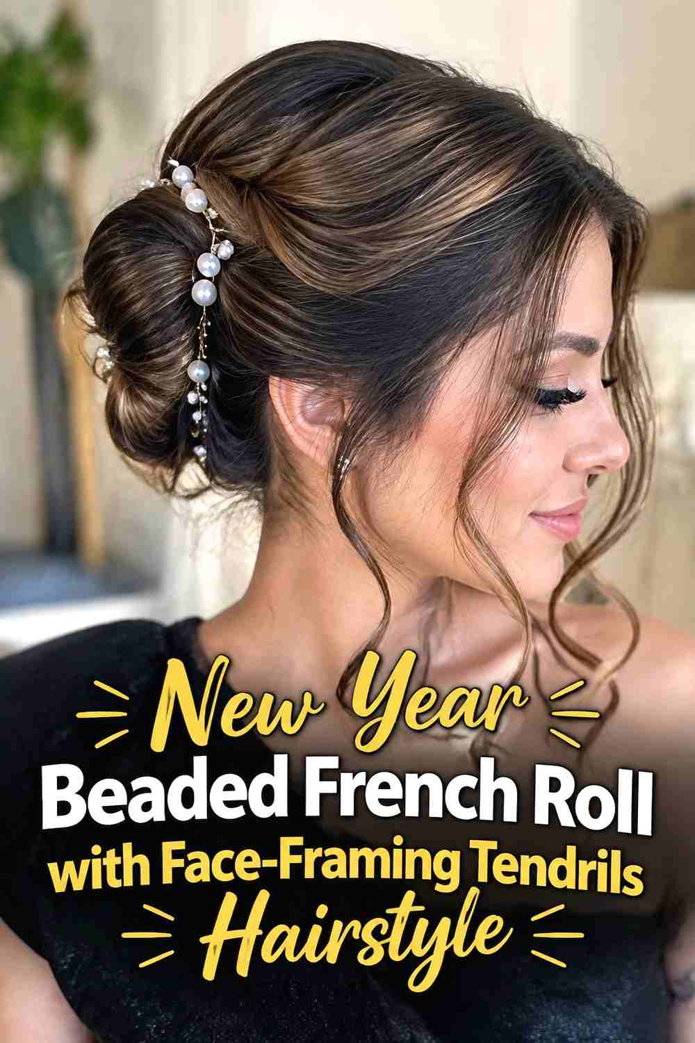 9. New Year Beaded French Roll With Face Framing Tendrils Hairstyle