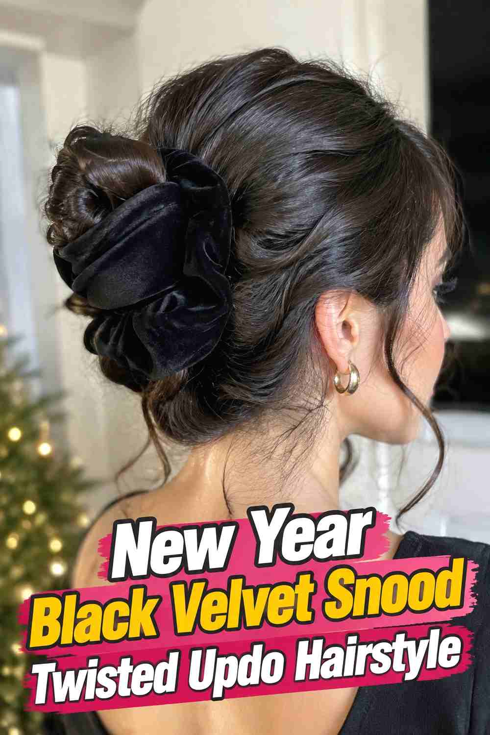 6. New Year Black Velvet Snood Twisted Updo Hairstyle