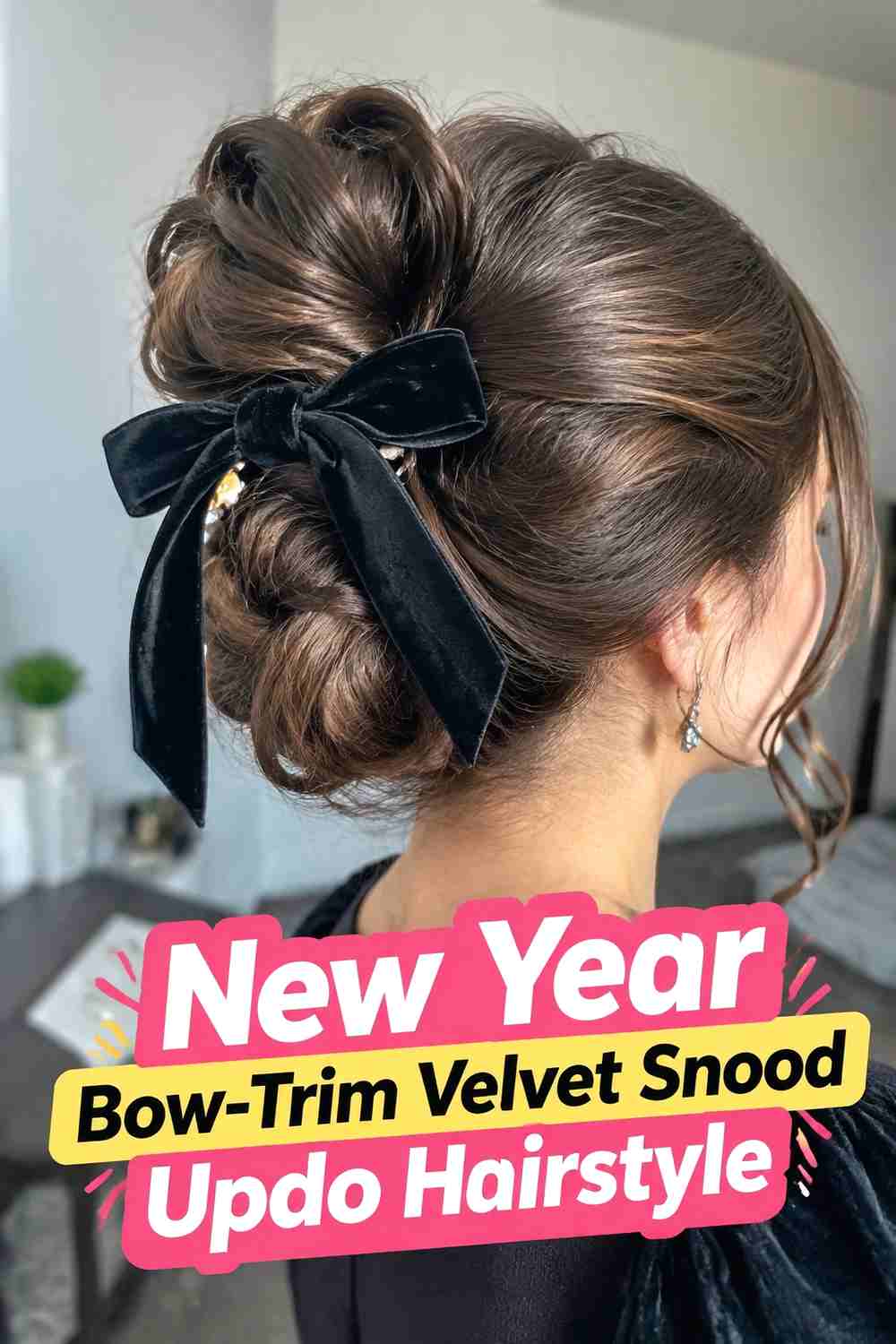 9. New Year Bow Trim Velvet Snood Updo Hairstyle