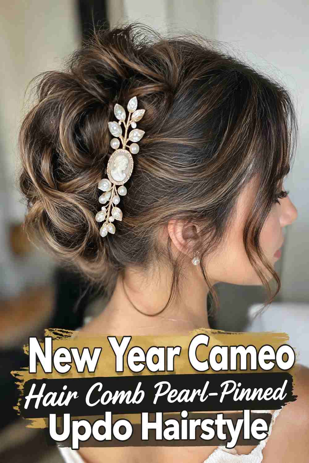 9. New Year Cameo Hair Comb Pearl Pinned Updo Hairstyle