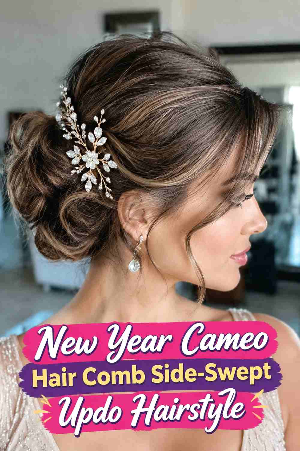 4. New Year Cameo Hair Comb Side Swept Updo Hairstyle