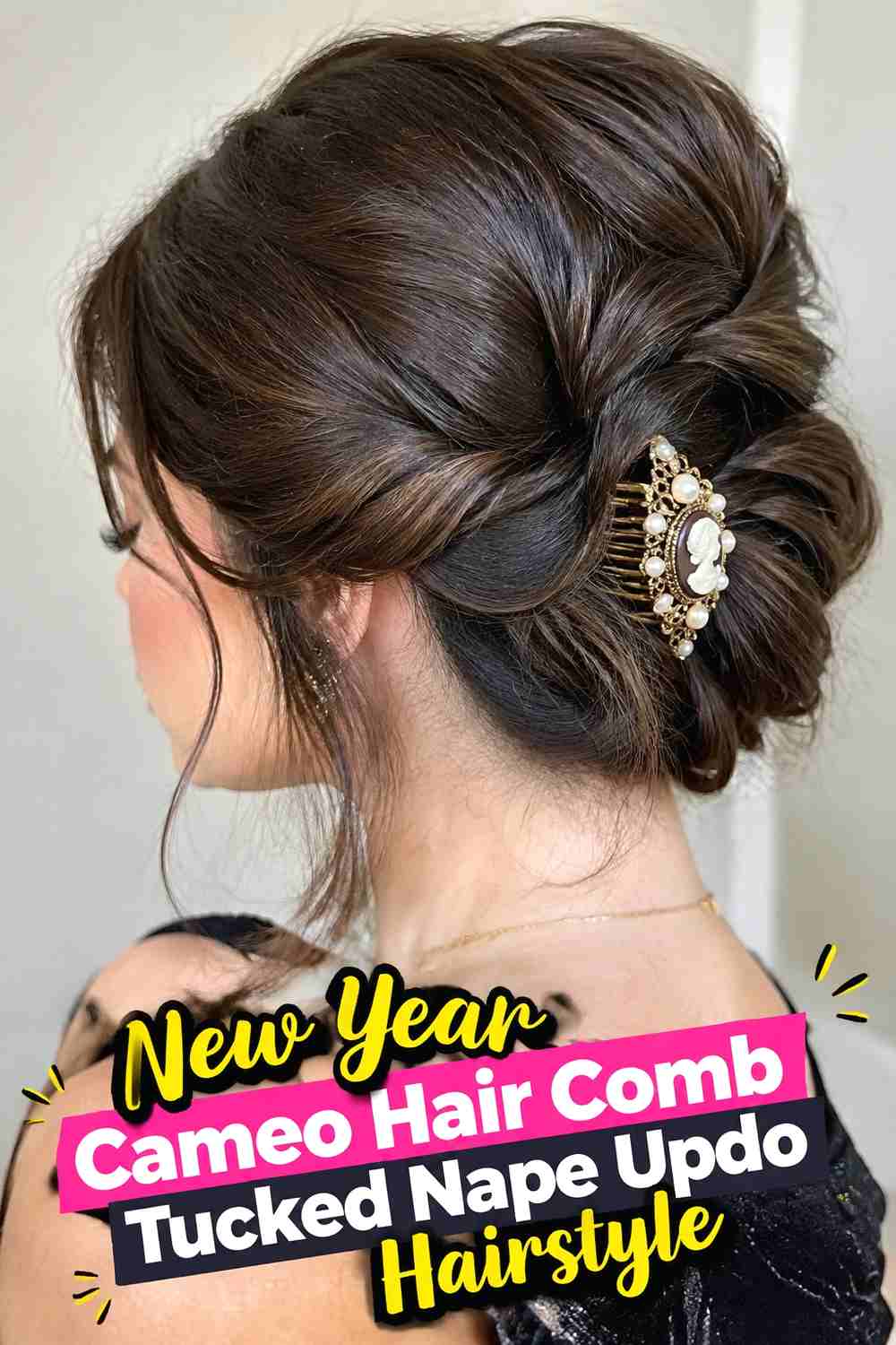 7. New Year Cameo Hair Comb Tucked Nape Updo Hairstyle