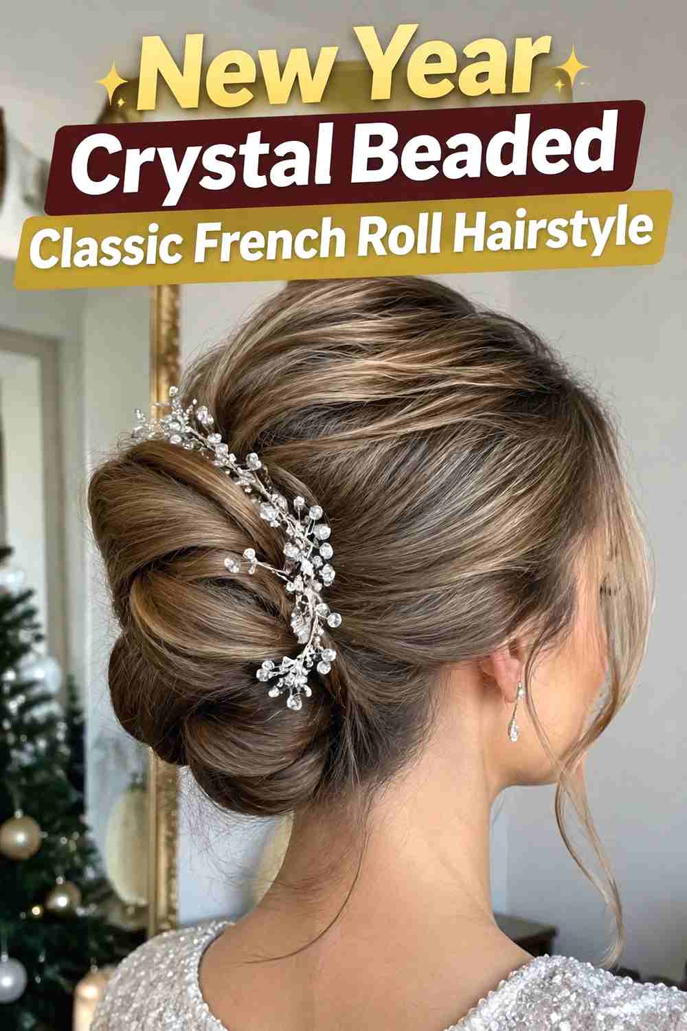 1. New Year Crystal Beaded Classic French Roll Hairstyle
