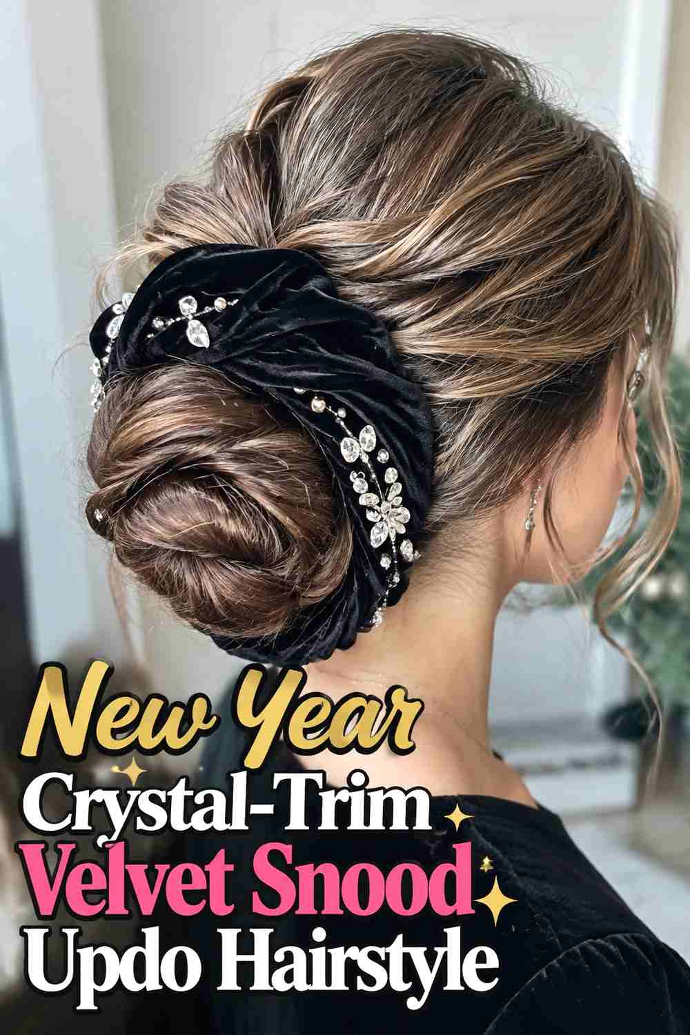 12. New Year Crystal Trim Velvet Snood Updo Hairstyle