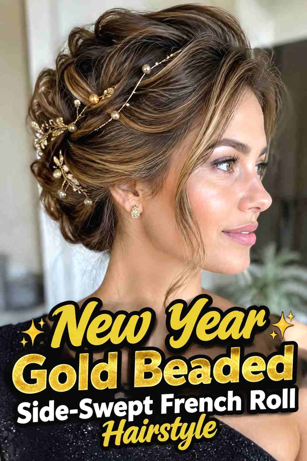 3. New Year Gold Beaded Side Swept French Roll Hairstyle
