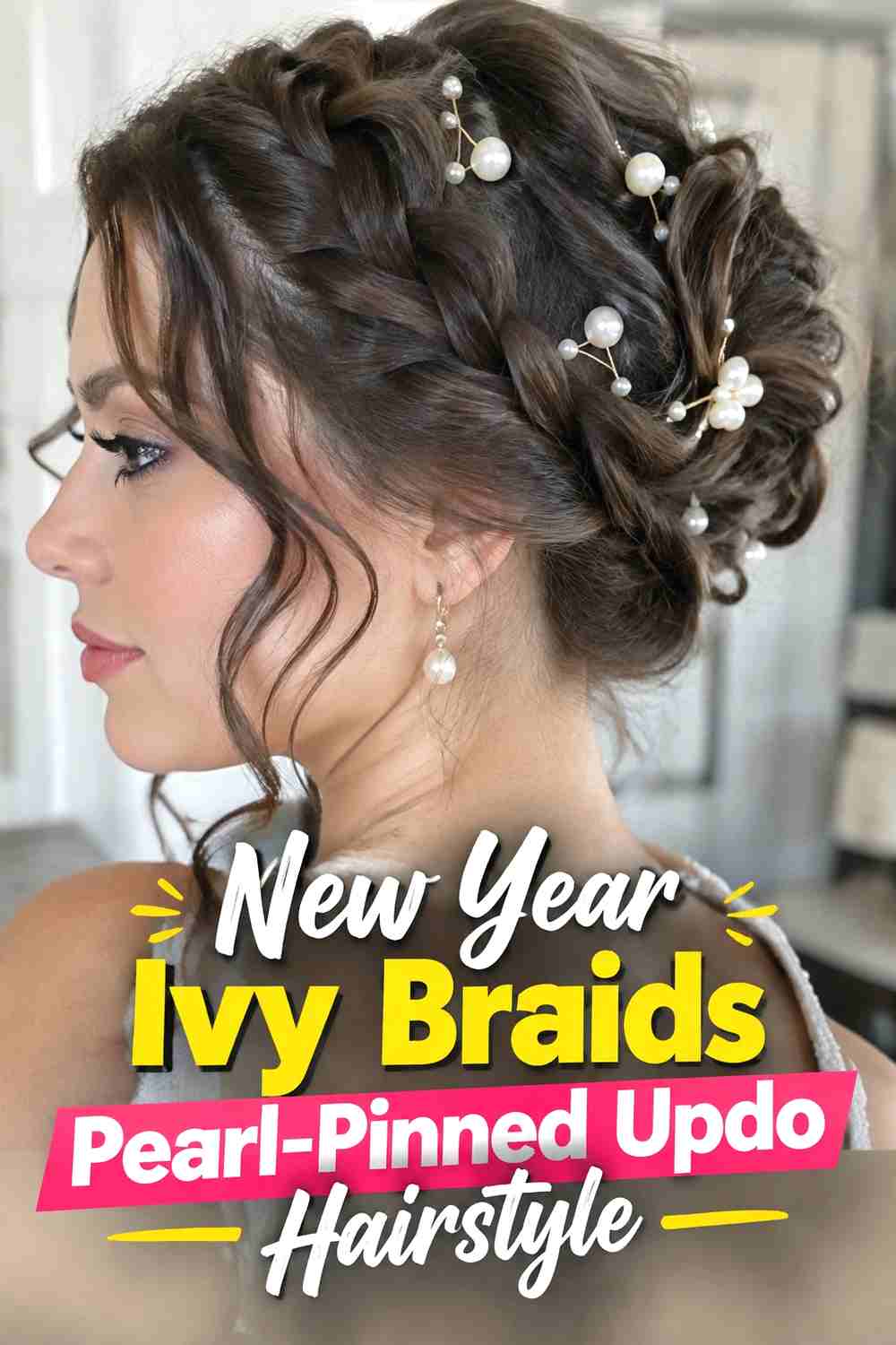 10. New Year Ivy Braids Pearl Pinned Updo Hairstyle