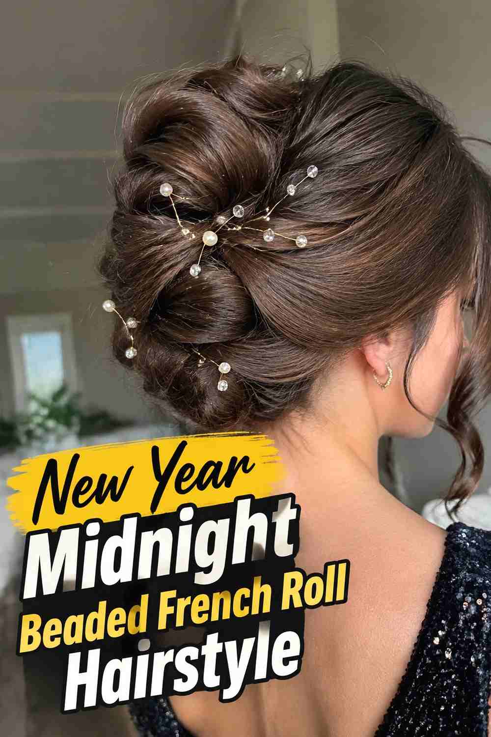 13. New Year Midnight Beaded French Roll Hairstyle
