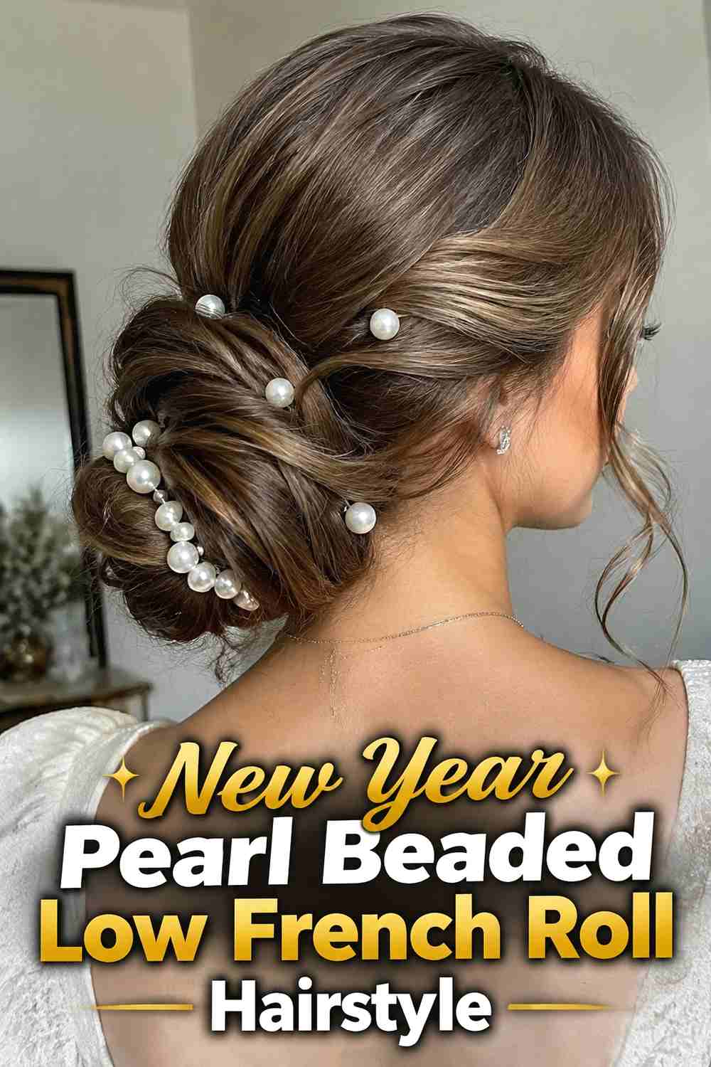 2. New Year Pearl Beaded Low French Roll Hairstyle