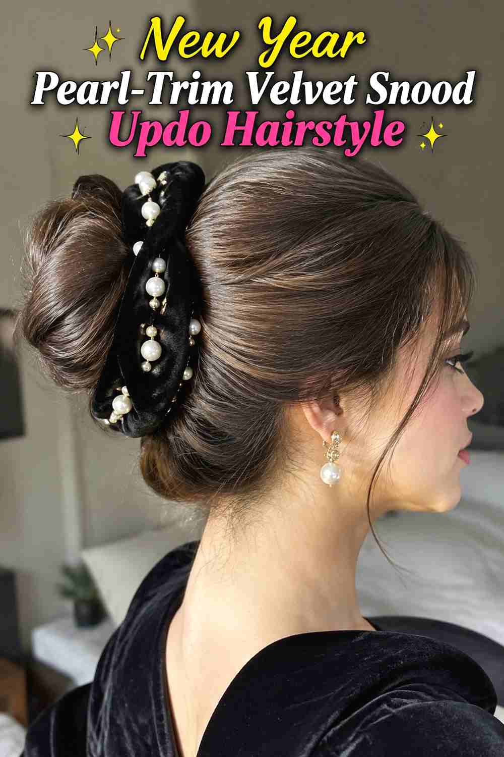 4. New Year Pearl Trim Velvet Snood Updo Hairstyle