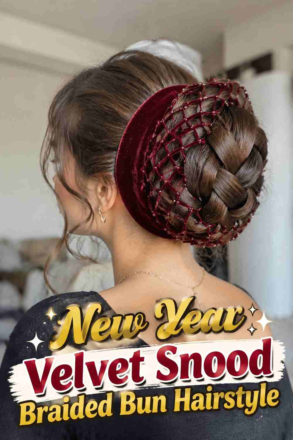 2. New Year Velvet Snood Braided Bun Hairstyle