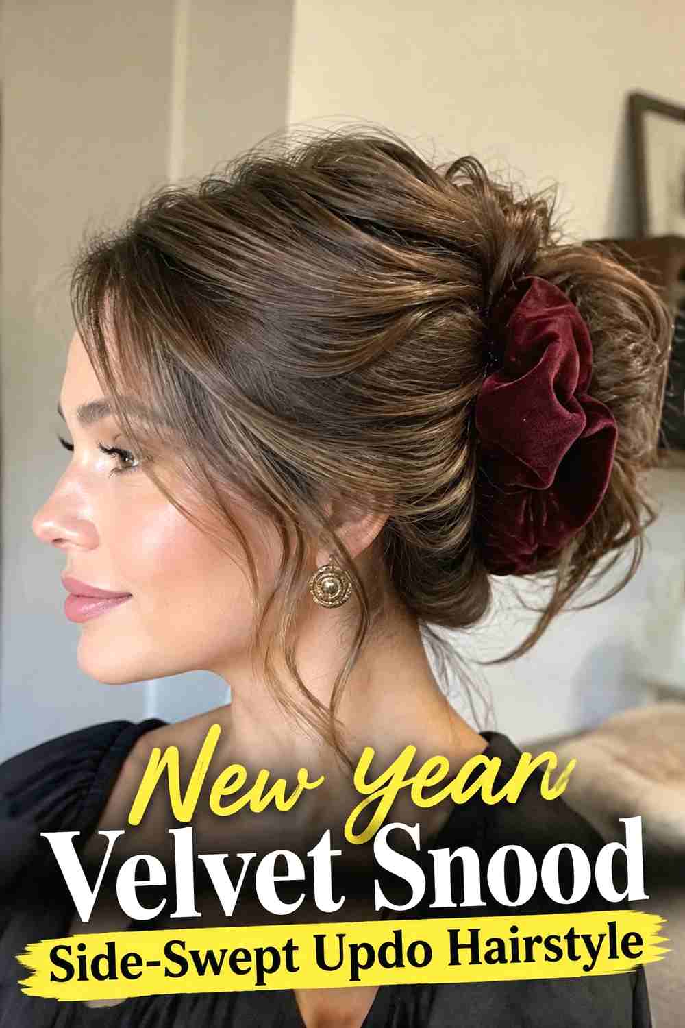 7. New Year Velvet Snood Side Swept Updo Hairstyle
