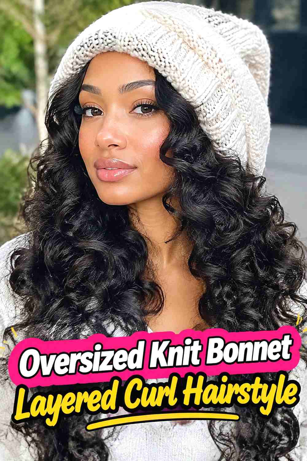 12. Oversized Knit Bonnet Layered Curl Hairstyle
