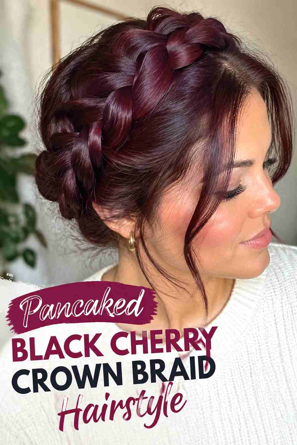 5. Pancaked Black Cherry Crown Braid Hairstyle