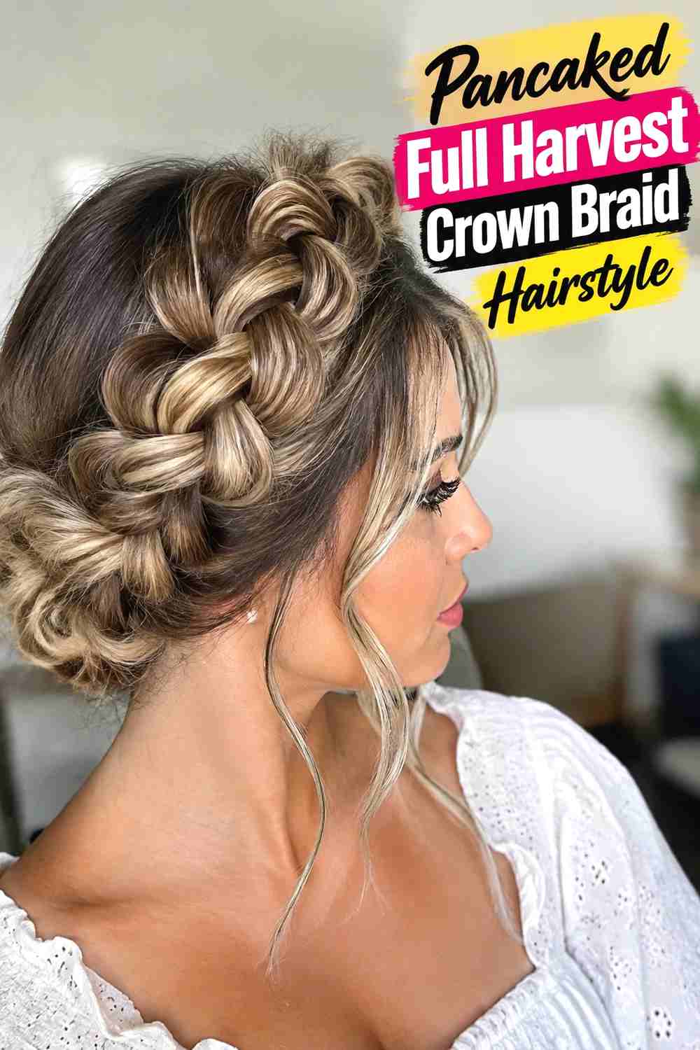 7. Pancaked Full Harvest Crown Braid Hairstyle