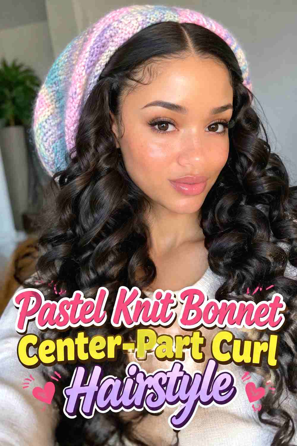 6. Pastel Knit Bonnet Center Part Curl Hairstyle