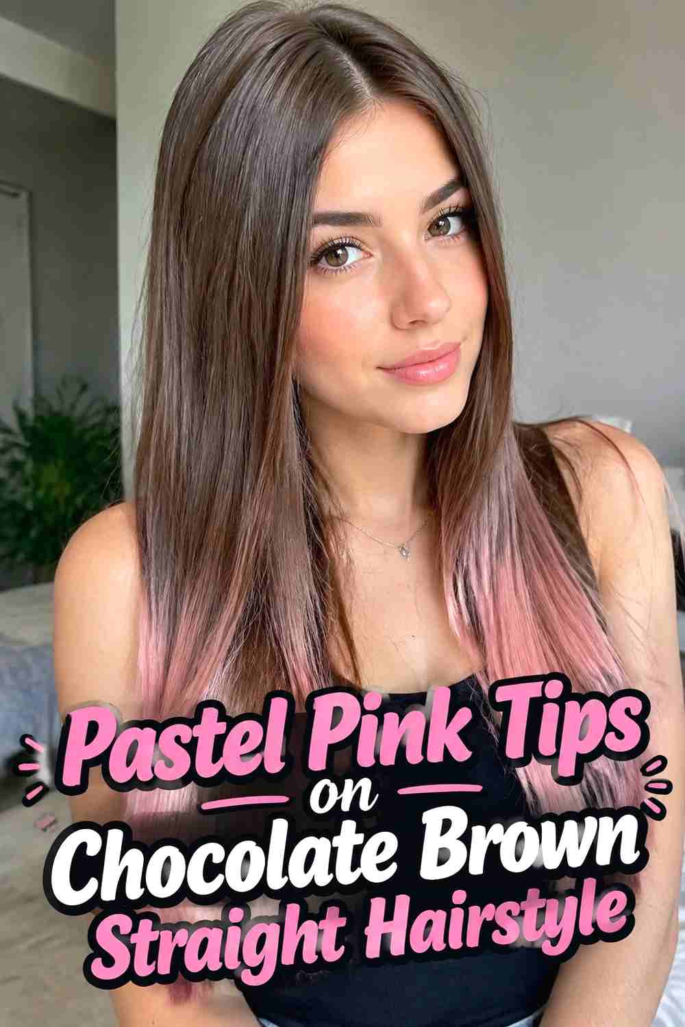 6. Pastel Pink Tips On Chocolate Brown Straight Hairstyle
