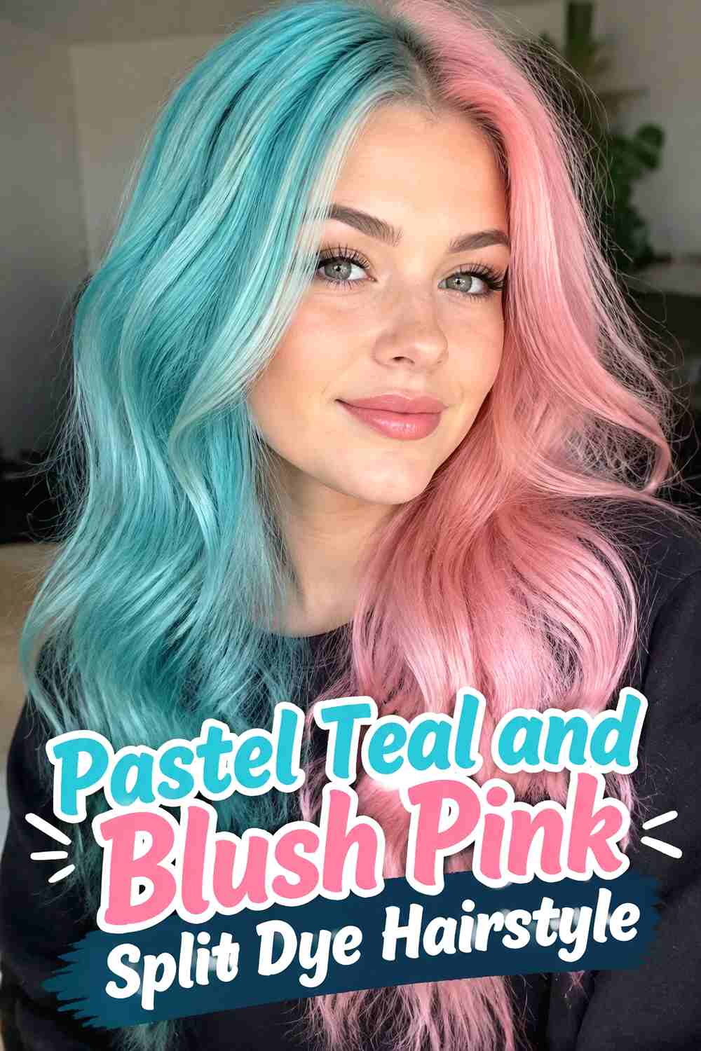 2. Pastel Teal And Blush Pink Split Dye Hairstyle