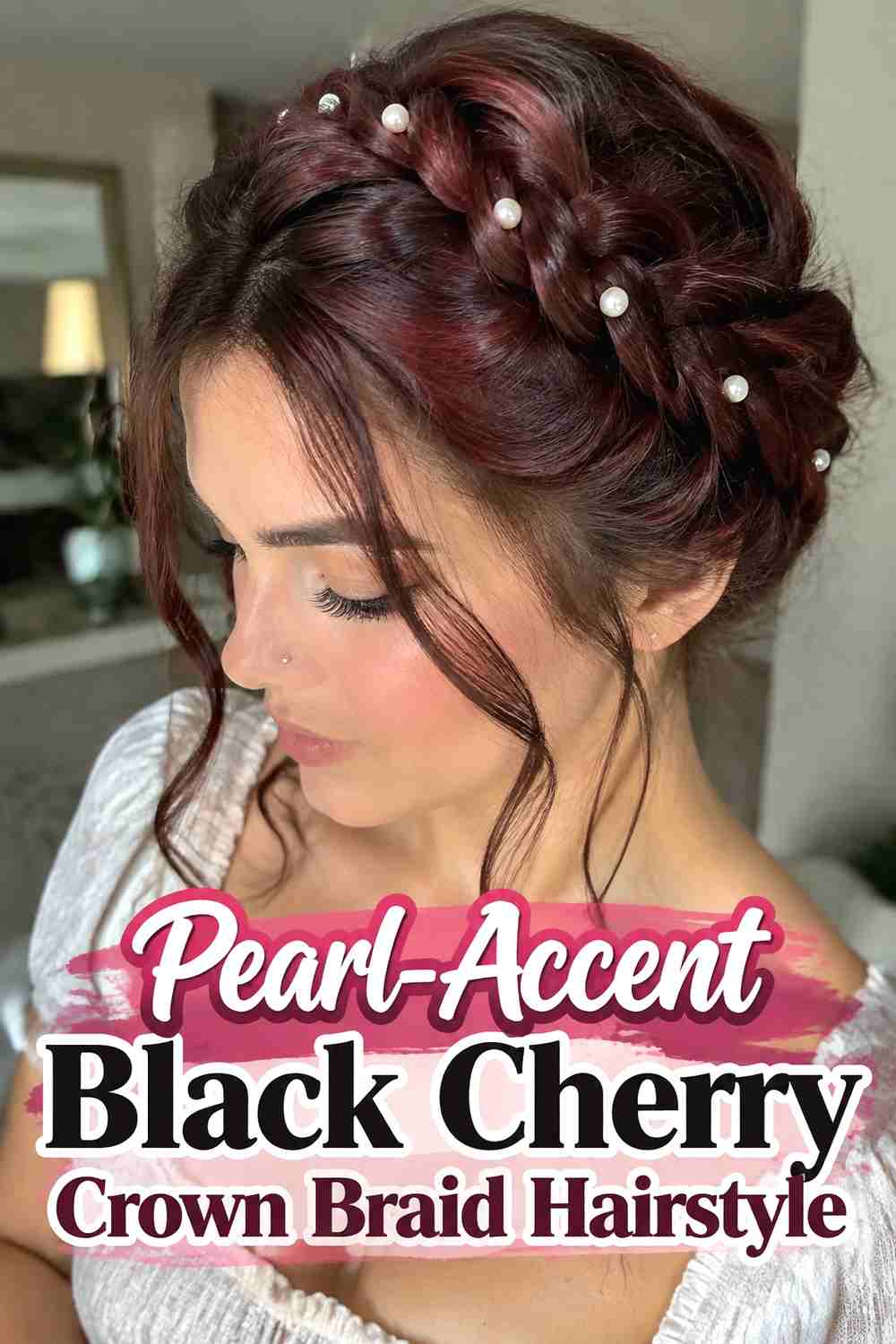 11. Pearl Accent Black Cherry Crown Braid Hairstyle