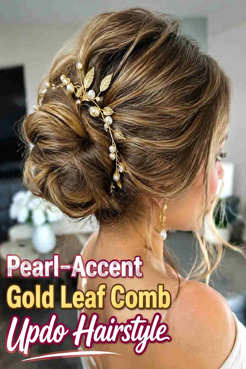 13. Pearl Accent Gold Leaf Comb Updo Hairstyle
