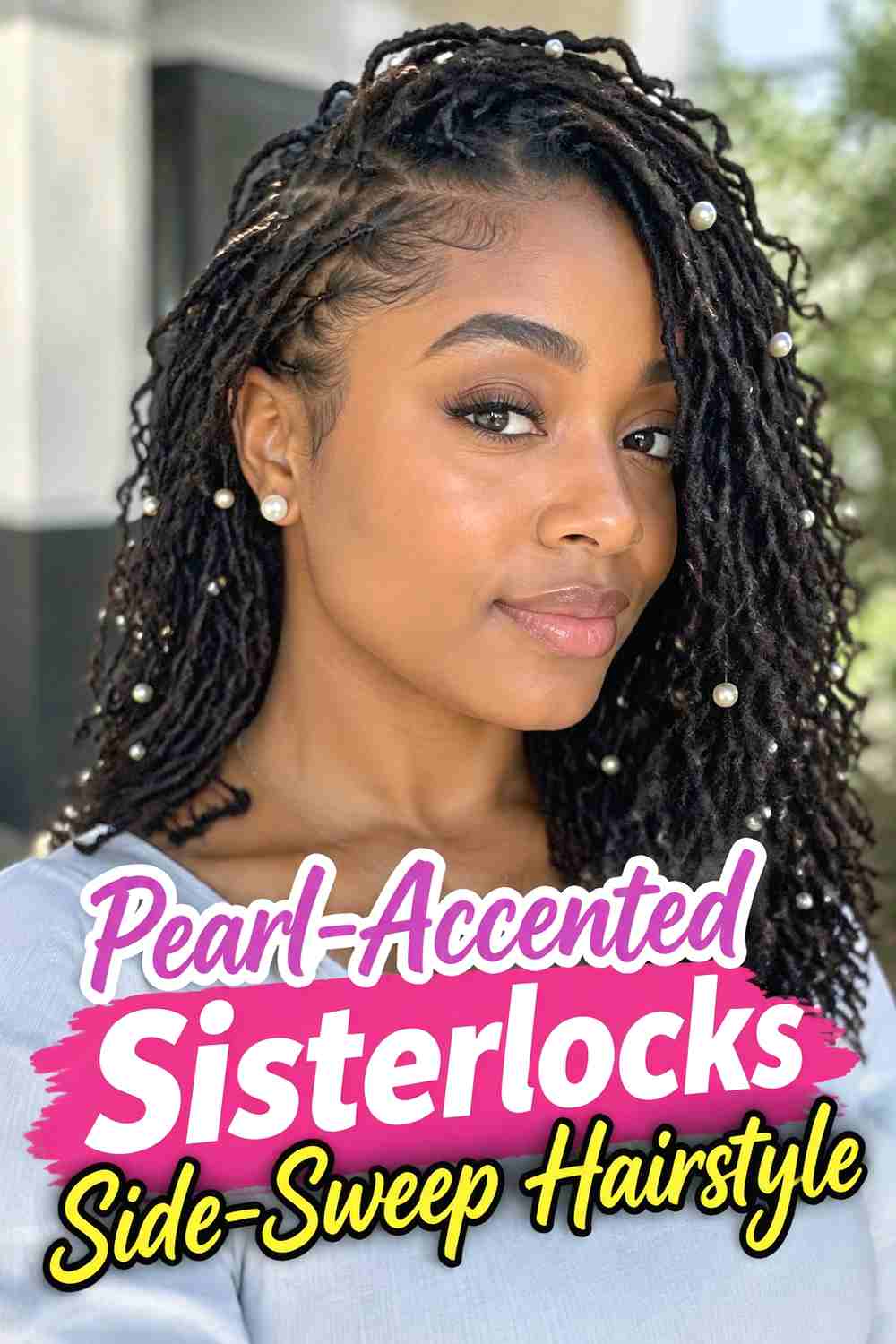 11. Pearl Accented Sisterlocks Side Sweep Hairstyle