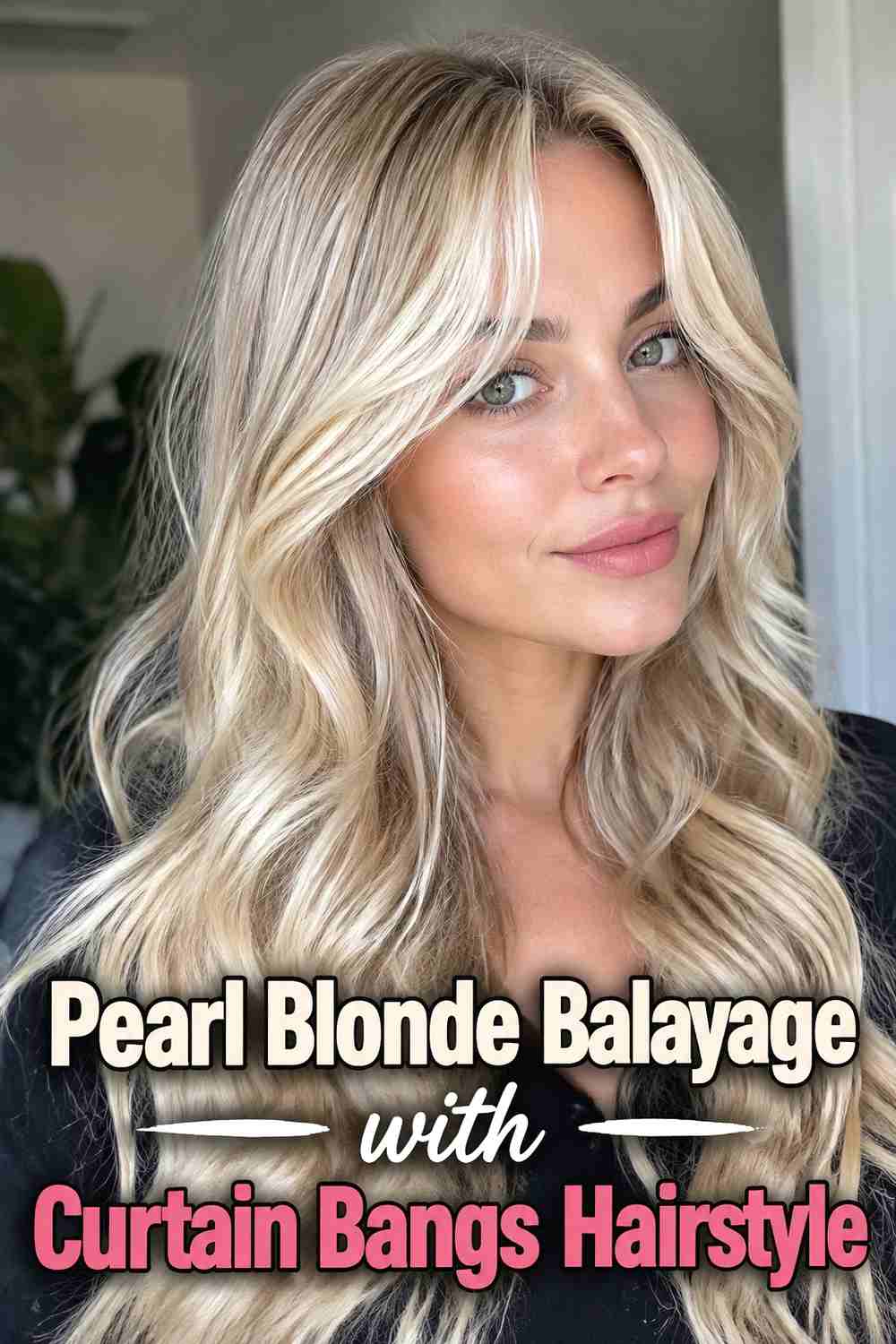 7. Pearl Blonde Balayage With Curtain Bangs Hairstyle