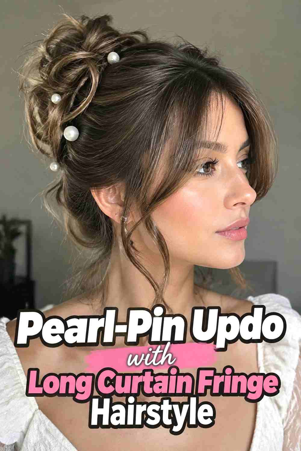 15. Pearl Pin Updo With Long Curtain Fringe Hairstyle