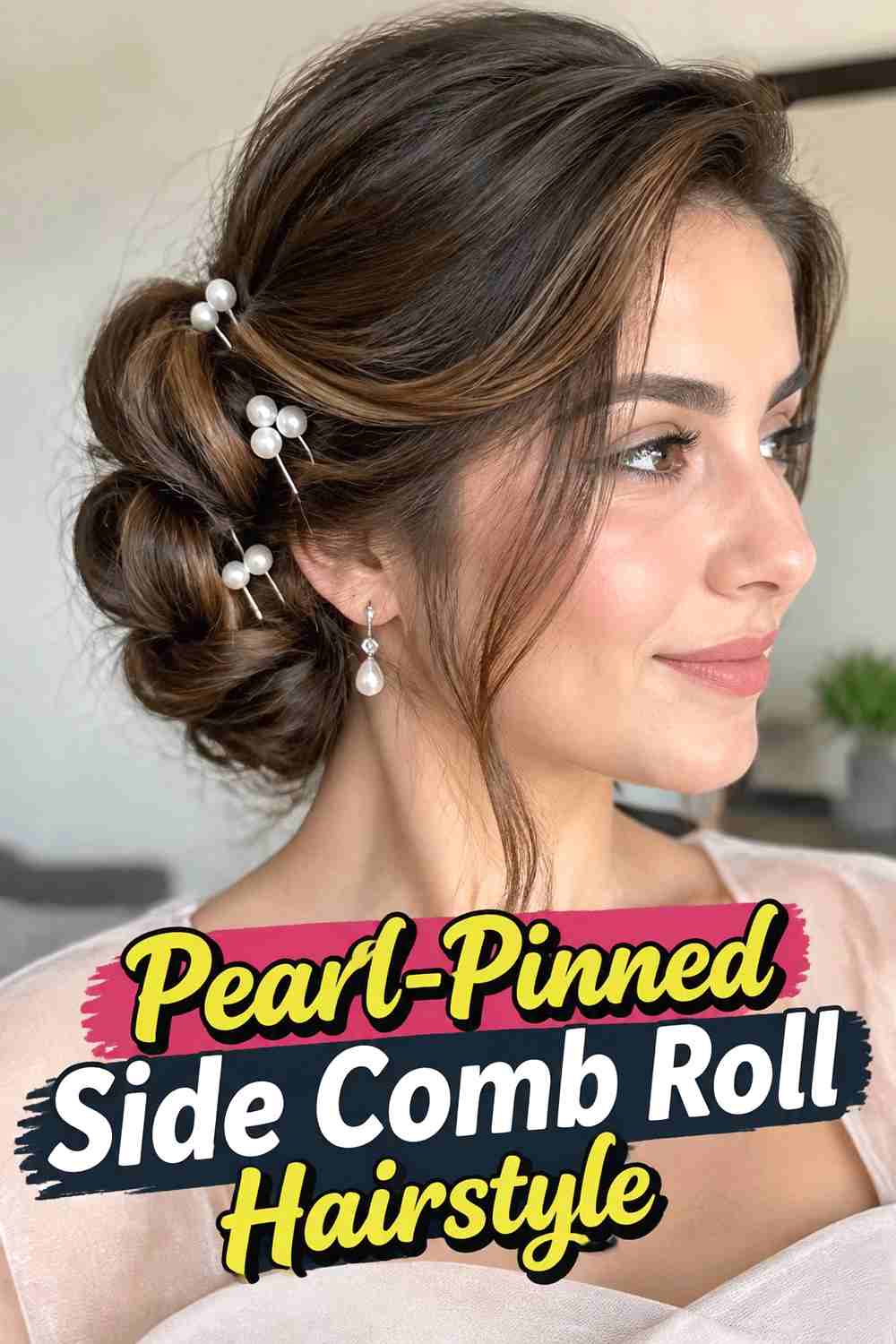 9. Pearl Pinned Side Comb Roll Hairstyle