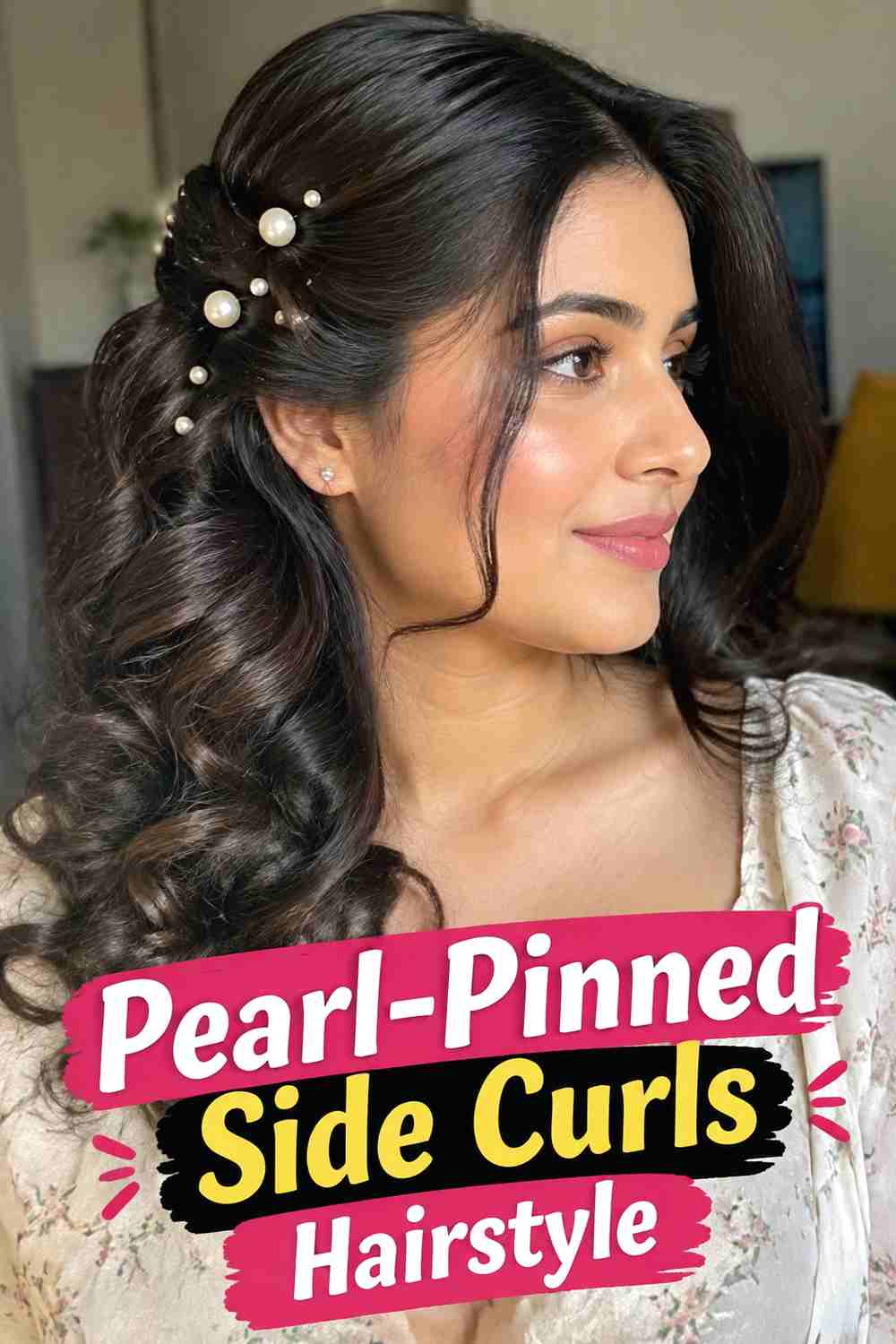 2. Pearl Pinned Side Curls Hairstyle