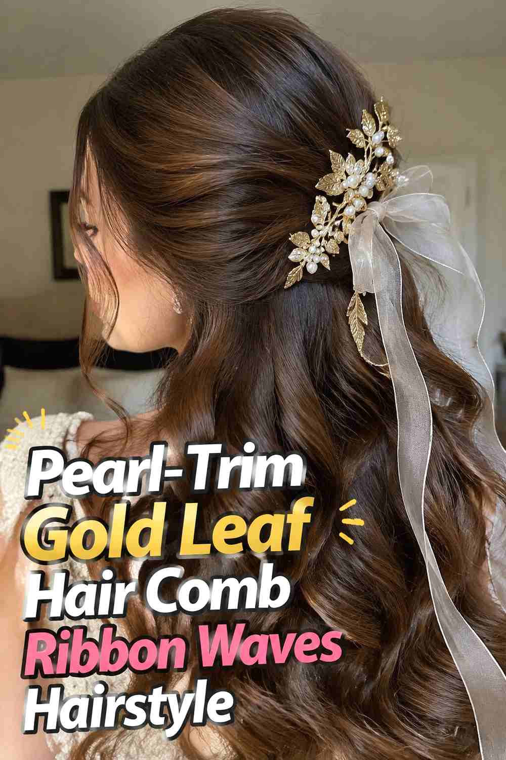 4. Pearl Trim Gold Leaf Hair Comb Ribbon Waves Hairstyle